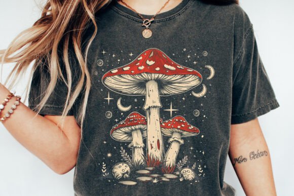 Boho Retro Hippie Mushrooms Unisex Bamboo Viscose & Organic Cotton Graphic T-Shirt — Soft & Breathable | 15 Colors, S–XXL