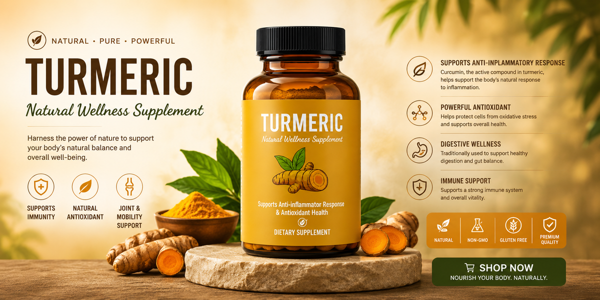 Turmeric natural wellness supplement promoting health benefits of turmeric, anti-inflammatory support, and immunity boost.